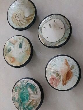 Set Of 5 Handmade Wood Kitchen Cabinet Dresser Knobs Cottage Beach Seashell Sand